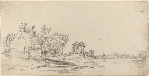 Rivierlandschap met een verre brug