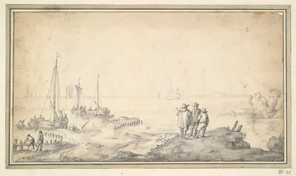 Drie figuren op een duin met uitzicht op baai met schepen