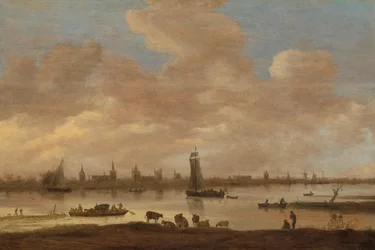 Gezicht op een denkbeeldige stad aan een rivier, met de toren van Sint Pol in Vianen