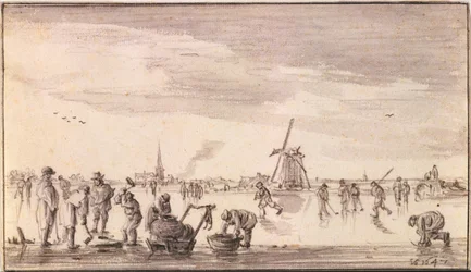 Winterlandschap met schaatsers en vissers