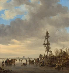 Winterlandschap met bevroren meer, schaatsers en houten uitkijktoren