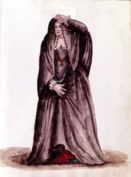 Een Venetiaanse courtisane in de 18e eeuw. Aquarel en inkt uit het manuscript 