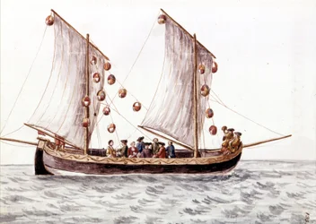 Een Venetiaanse trabac met lantaarns, vissersboot gebruikt in ondiepe wateren zoals de Adriatische Zee, Aquareltekening en inkt uit het manuscript 