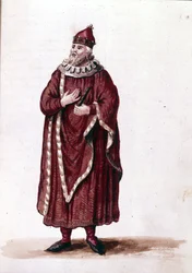 Een doge in de 11e eeuw. Aquarel en inkt uit het manuscript 