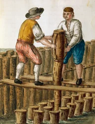 Funderingen leggen van de Venetiaanse lagune, illustratie uit Dress of Venetians manuscript