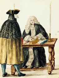 Magistraat die kaarten speelt met gemaskerde man