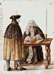 De speelkamer: een personage maskeert zich voor de dealer die kaarten trekt, munten worden verzameld op de tafel. Aquarel en inkttekening uit een manuscript van Jan van Grevenbroeck (of Giovanni Grevembroch) (1731-1807)