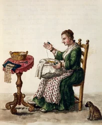 Vrouw die punto in aria naaldkant maakt, ca. 1754, illustratie uit Geïllustreerd boek van Venetiaanse kostuums, Volume III, c 147, door Jan Grevenbroeck