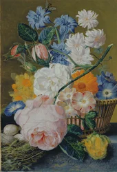 Rozen, ochtendglorie, narcissen, aster en andere bloemen in een mand, met eieren in een nest op een marmeren richel, 1744
