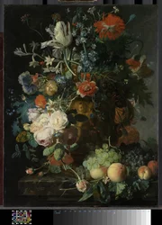 Stilleven met bloemen en fruit