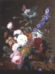 Stilleven met bloemen in een mand