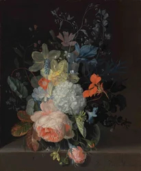 Vaas met bloemen op een richel, met een roos, een sneeuwbal, narcissen en irissen