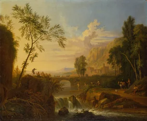 Een bebost landschap met een boerenpaar bij een graf en vissers bij een waterval