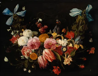 Een guirlande van rozen, tulpen, dahlia