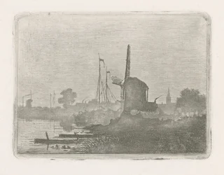 Gezicht op een molen aan het water