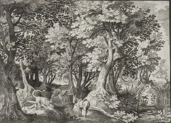 Landschap met de ongehoorzame profeet die door een leeuw wordt verslonden