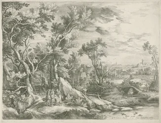 Landschap met Abraham die de drie engelen smeekt Sodom te sparen