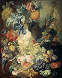 Stilleven met bloemen, fruit en vogels