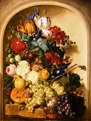 Stilleven: bloemen en fruit