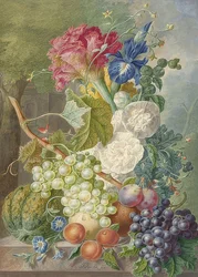 Stilleven met bloemen en vruchten
