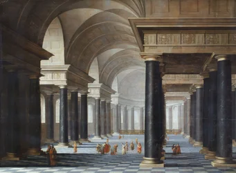 Het interieur van een kerk met zwart marmeren zuilen en figuren in antieke kleding
