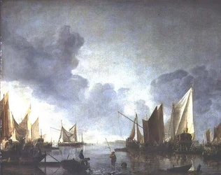 Een kalmte, met een hoogwaardigheidsbekleder in een staatsboot en vissers op de voorgrond