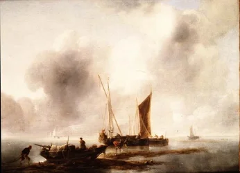 Vissers lossen hun vangst in een kalme zee