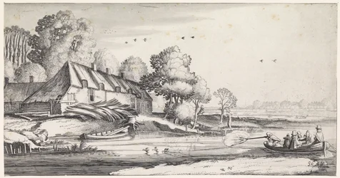 Eendenjacht op een rivier bij een boerderij