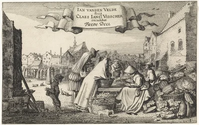 Figuren bij een groentekraam op een markt