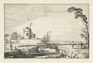 Figuren bij een haven en een toren