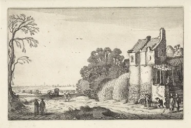 Figuren bij een huis en huifkarren op een landweg