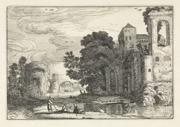 Figuren bij een kasteel bij een rivier Landschappen (series title) Amenissimae aliquot requculae (series title)