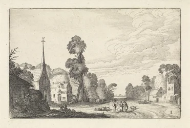 Figuren en vee in een dorp met een kerk