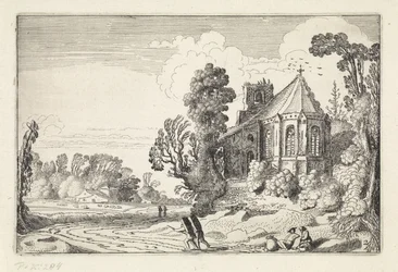 Figuren op een landweg bij een kerkruïne