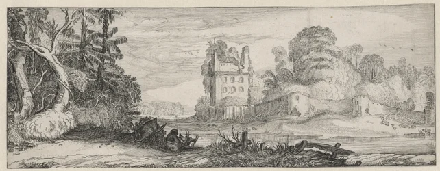 Gezicht op een ruïne van een huis bij een muur