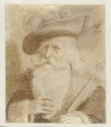 Man met bontkraag, hoed en staf