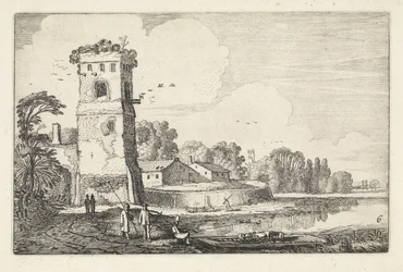 Pont met schapen bij een toren in een rivierlandschap