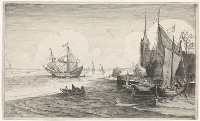 Schepen voor en kust bij een kerk
