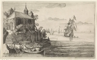 Tweemaster bij een kust met een kapel