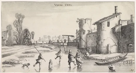 Winterlandschap met schaatsers bij een stadsmuur
