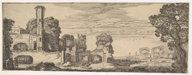 Riviergezicht met ruïnes van een kasteel uit Landschappen en Ruïnes