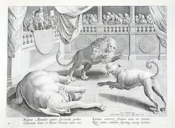 Alexander de Grote geeft een spektakel, een leeuw, hond en olifant vechten, illustratie uit 