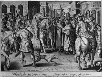 De monniken overhandigden zijderupsen aan de Byzantijnse keizer Justinianus I (483-565). De keizer zal zo de zijdehandel beginnen. Gravure door Giovanni Stradano (Jan Van Der Straet) (Johannes Stradanus) (1523-1605) 17e eeuw
