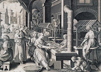 Vermis sericus, vrouwen spinnen zijde en verwarmen zijderupsen op vuur, gravure door Stradanus (1523-1605), Italië