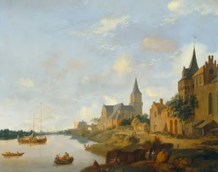De Rijn bij Emmerich met de St Martin kerk ...