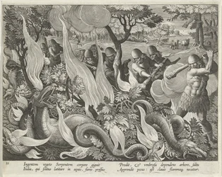 Slangen vangen in India met knuppels en fakkels om het struikgewas te verlichten, plaat 44 uit Venationes Ferarum, Avium, Piscium (Over de jacht: wilde dieren, vogels, vissen) uitgegeven 1640