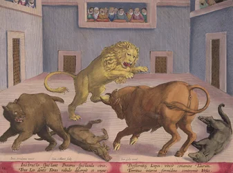 Edelmannen Kijken naar Gevecht van Wilde Dieren in een Binnencircus, plaat 12 uit 