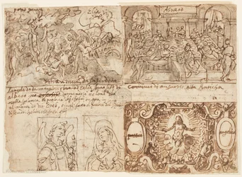 Boven links: Boslandschap met Elia gewekt en gevoed door een engel op de berg Horeb (1 Koningen 19:5-6); Boven rechts: Het banket van koning Ahasveros (Esther 1: 1-6); Onder rechts: Christus omringd door engelen met de Arma Christi; Onder links: Annunciati