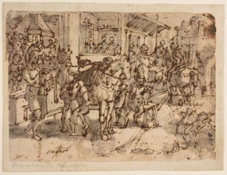 Uitvinding van de stijgbeugel, ontwerp voor "Staphae, sive stapedes," pl. 9 in de Nova Reperta (Nieuwe uitvindingen van moderne tijden) prentserie