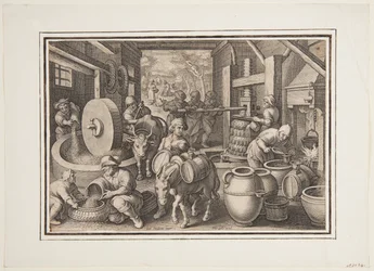 Oleum Olivarum (De productie van olijfolie), plaat 12 in de Nova Reperta (Nieuwe uitvindingen van moderne tijden)
